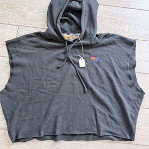 NWT S Aviator Nation Women's Black Sleeveless Cropped Hoodie